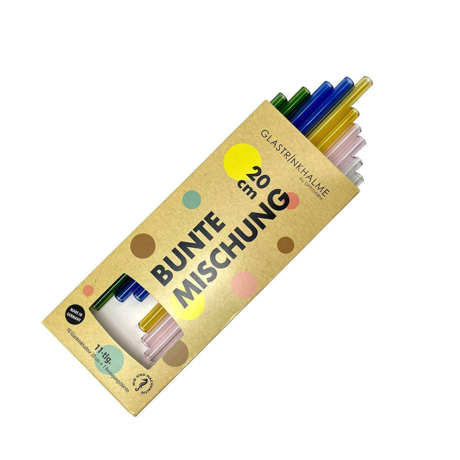 10 bunte (Gelb/Blau/Rosa/Grün/Klar) Glastrinkhalme – Anwendungsszene, Bild 1